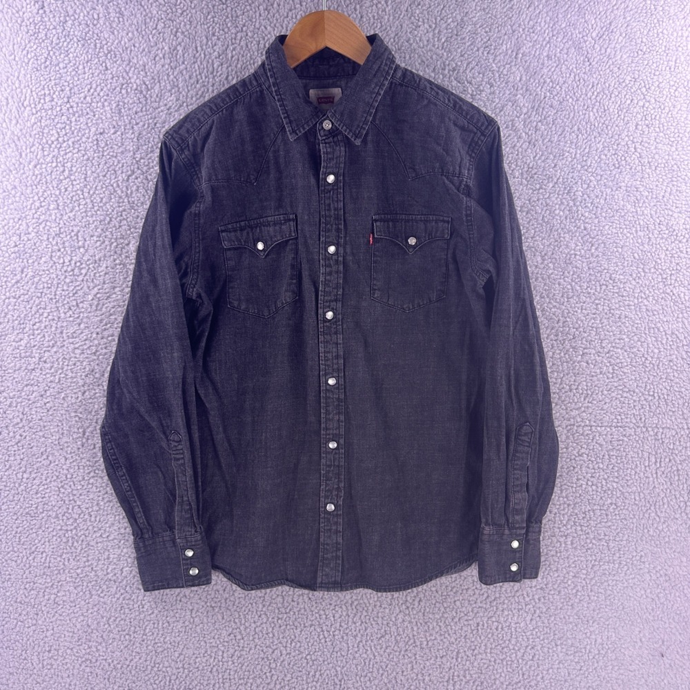 Levis Mens Western Denim Pearl Snap Shirt Black Faded Long Sleeve M 117500